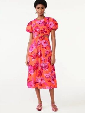 Vibrant Pink & Orange Floral Midi Dress with Front Ring Accent